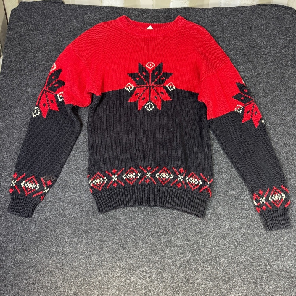 VTG Gap Sweater Mens XL Red Black Nordic Colorblock Knit Crew Neck Ribbed Trim